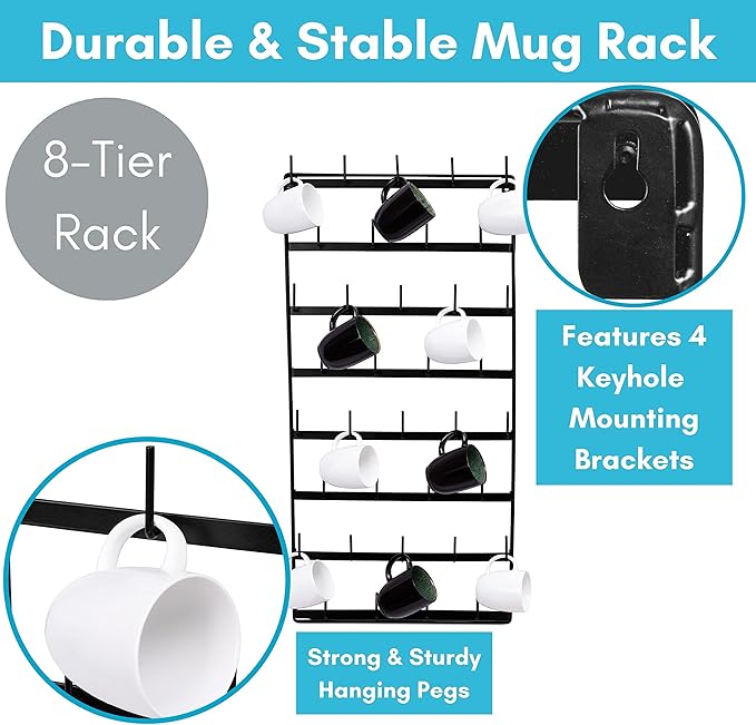BIRDROCK HOME 36 Peg Coffee Mug Organizer Wall - 8 Tier Wall Mounted Coffee Mug Holder - Tea Cup Display Shelf Wall Mounted - Heavy Duty Decorative Kitchen Bar Organizer Flat Metal Steel Rack - Black