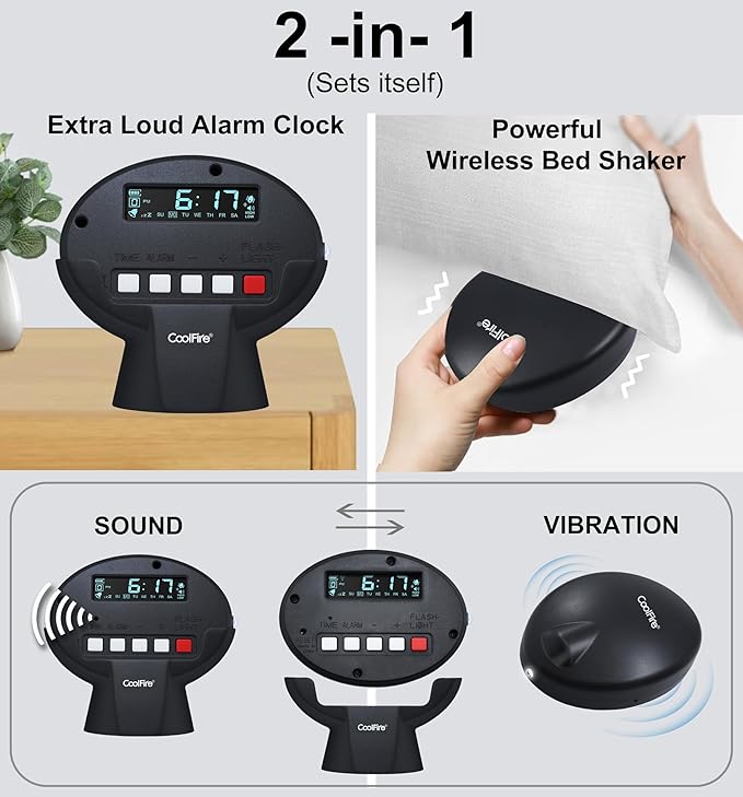 Coolfire – Vibrating Alarm Clock for Heavy Sleepers | Auto Set Bed Shaker Super Loud Alarm Clock Under Pillow | Auto Set, Auto DST | Cordless Rechargeable, Hearing Impaired, LCD Backlight