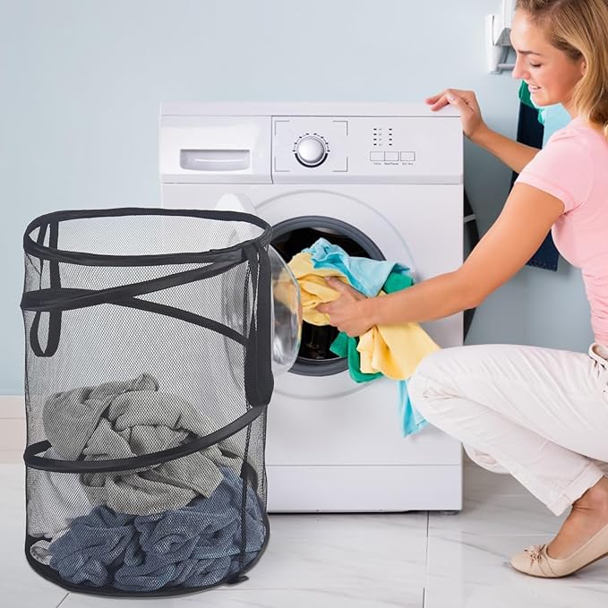 2Pcs Mesh Popup Laundry Hamper 115L Extra Large Collapsible Laundry Basket Foldable Clothing Storage Basket with Handles No Lid 26 H x 18 W x 18 L (Black)