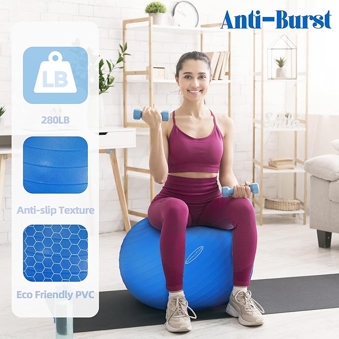 Fitvids Anti-Burst and Slip Resistant Exercise Yoga Fitness Birthing Ball with Quick Pump, 2,000-Pound Capacity, Multiple Colors and Sizes