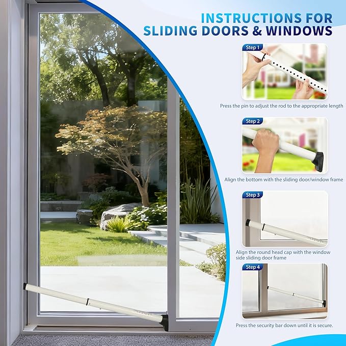2025 Upgraded 2-in-1 Door Security Bar & Sliding Windows Bar,Adjustable Heavy Duty Stoppers Jammer for Apartment,Home, Hotel Room,Travel(2 Pack,White)
