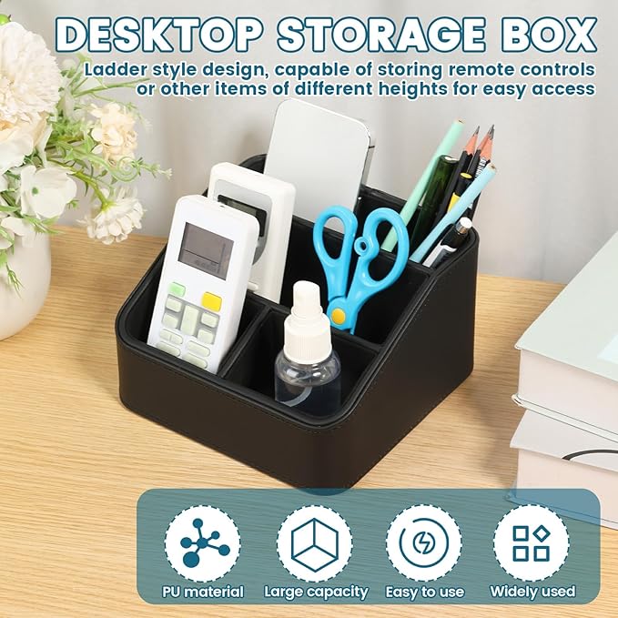 PU Remote Control Holder, Small Desk Organizer Office Supply Bedside Caddy for Nightstand End Table Remote Organizer with 3/4 Compartment (Black)(4 grids)