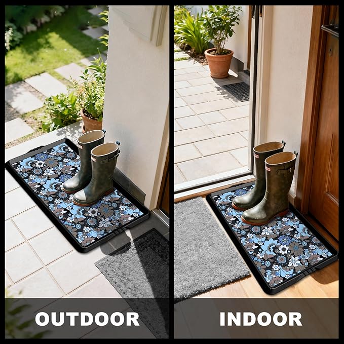 BEHERO Boot Tray Shoe Mat Decorative Patterned, Rubber Shoe Matt Tray Indoor/Outdoor Use, 16" x27.5" Shoe Cleaning Mat Non-Slip, Shoe Storage Waterproof Flower Prints for Entryway, Velvet Bloom