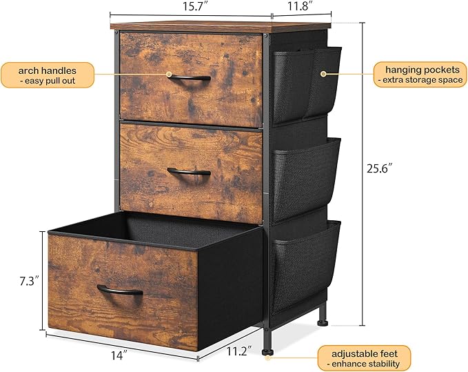 Night Stand Set 2,Night Stand with Drawers for Bedroom,Bedside Table with Wooden Top,Sturdy Steel Frame End Table,Dorm Small Nightstand for Bedroom,Entryway,Hallway,Cloth Bags,Hooks,Rustic Brown