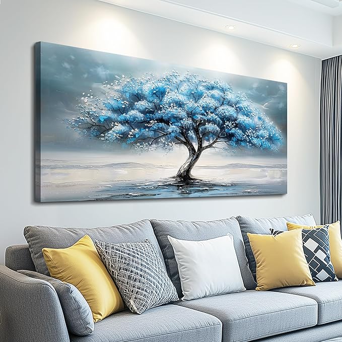 FUHAIHUA Farmhouse Wall Decor For Living Room Large Canvas Wall Art For Bedroom Office Decorations Blue Tree Paintings Abstract Wall Pictures Artworks Ready To Hang Home Decor Mural Art 24"X48"