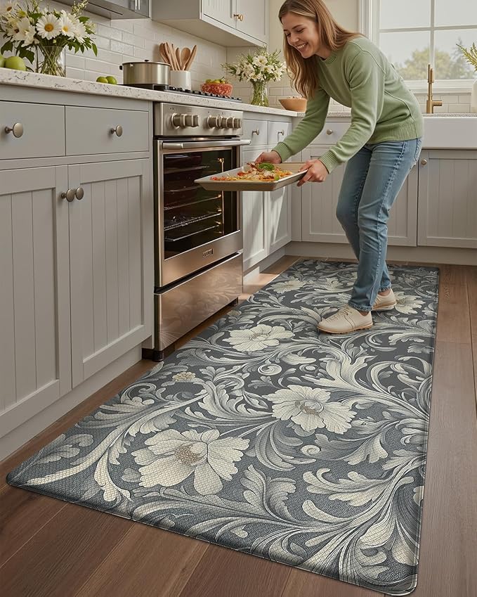 Color&Geometry Floral Kitchen Mat 24"x59", Anti Fatigue Mats for Kitchen Floor, Kitchen Rugs Non Slip, Waterproof & Oil Proof Kitchen Runner for Standing Desk Office, Sink - Grey