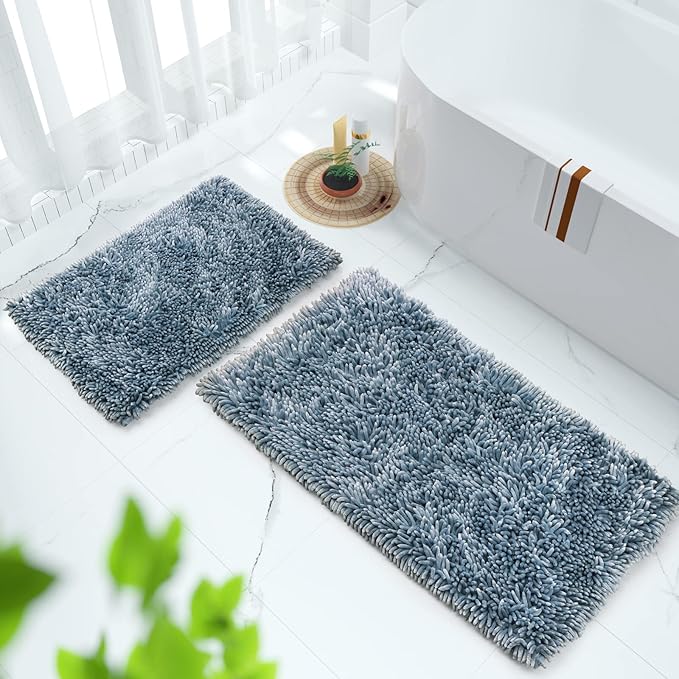 Yimobra Bathroom Rug Set 2 Piece, Luxury Shaggy Bath Mat Set with Non Slip Backing, Ultra Soft & Absorbent Mats for Bathroom Floor, Machine Washable, 44"x24"+24"x17", Light Blue