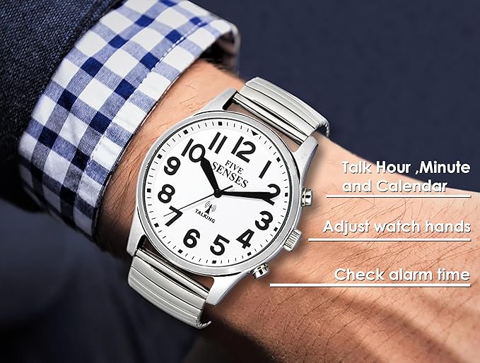 FIVE SENSES English Atomic Jumbo Size (43mm /1.75in) Metal Talking Watch with Loud Alarm Clock for Visually impaired, Elderly Person 1523 (White)