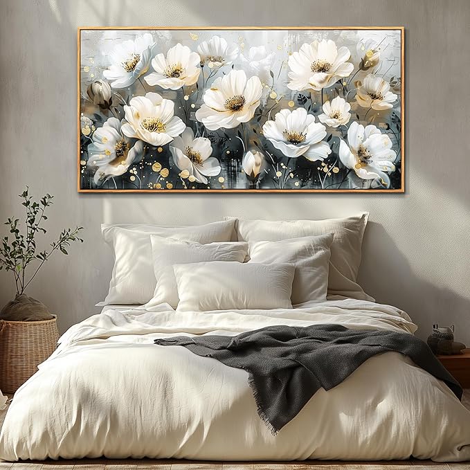 PHAOHUAXM Large Canvas Wall Decor For Living Room Wall Art For Bedroom Office Wall Decorations Print White Ink-Wash Flower-Shaped Wooden Frame Printed Artworks Posters Picture Home Decor 30"X60"