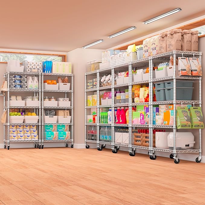PrimeZone 75" H Wire Shelving 5 Tier Slim Steel Storage Metal Shelves with Wheels,Adjustable Kitchen Utility Shelving Unit,Pantry Rack Rolling Metal Shelf Chrome 24" Wx18 Dx75 H