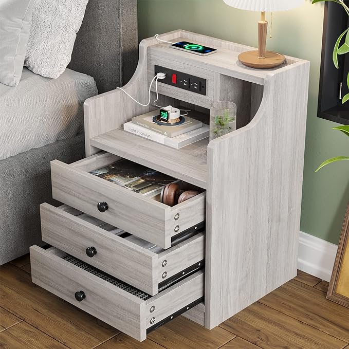 ADORNEVE Nightstand Set 2,Gray Nightstand with Charging Station & Hutch,Night Stands for Bedrooms Set of 2,Bedside Table with Drawers