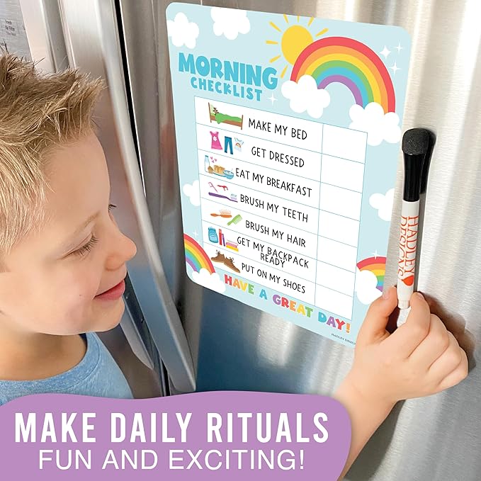 Magnetic Morning & Bedtime Routine Chart for Kids - Customizable Toddler Daily Schedule Board with Dry Erase Surface, Stickers & Marker, Build Habits with Visual Checklists, Colorful Theme