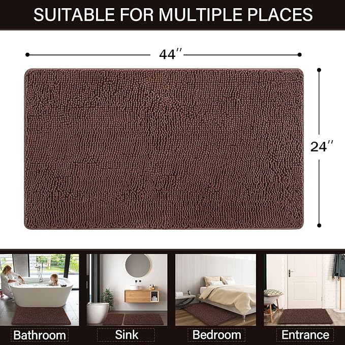 LOCHAS Luxury Bathroom Rug Shaggy Bath Mat 24 x 44 Inch, Washable Non Slip Bath Rugs for Bathroom Shower, Soft Plush Chenille Absorbent Carpets Mats, Brown