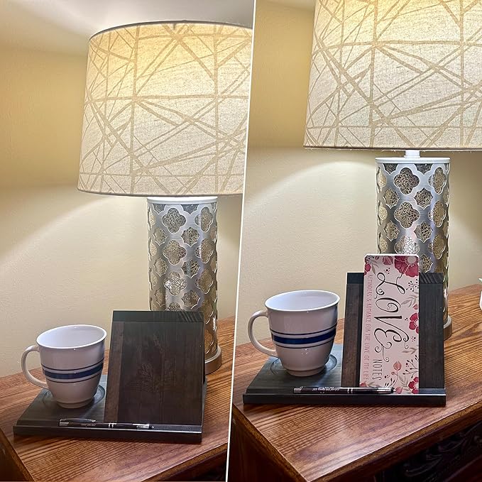 Wooden Book Holder with Drink Holder, Wooden Triangle Bookmark Reading Rest with Slotted, Book Display Bookmark Book Holder Decor for Coffee and Book Lover Gifts (Greenish Gray)
