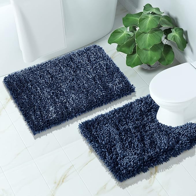 Yimobra Bathroom Rugs Sets 2 Piece, Soft Absorbent Bath Mat and U-Shaped Toilet Rug with Non Slip Backing, Luxury Shaggy Bath Mats for Bathroom, Machine Washable, 24"x17"+24"x20", Blue