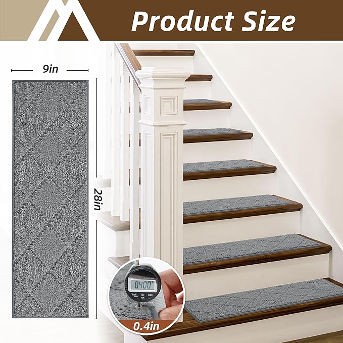 COSY HOMEER Stair Treads for Wooden Steps 9"x28" Washable Indoor Carpet Stair Treads Non Slip Soft Polyester Stair Carpet Tread Reusable Stair Runner Rugs for Kids, Elders,Pets,Medium Grey,15pcs