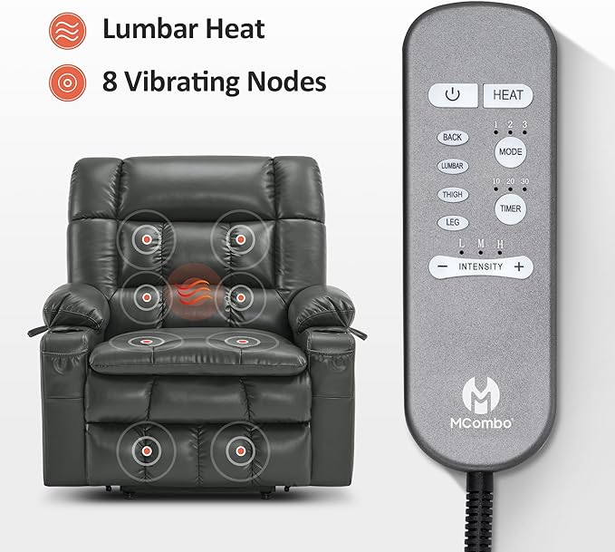 MCombo Dual Motor Power Lift Recliner Chair for Elderly, Lay Flat Lift Chair with Heat and Massage, Petite Wide Lift Chair, Cup Holders, USB A&C Ports, Faux Leather R7894 (Grey, Small-Wide)