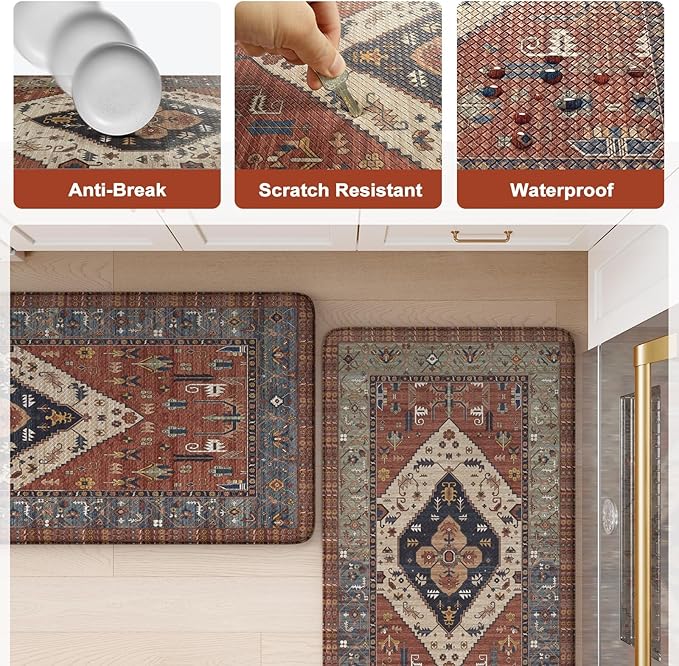 KIMODE Kitchen Mats Cushioned Anti Fatigue, Red Boho Vintage Kitchen Rugs 20"x71", Ergonomic Padded Kitchen Floor Mats, Non Slip Waterproof Standing Mats for Front of Sink Laundry Desk Bedroom
