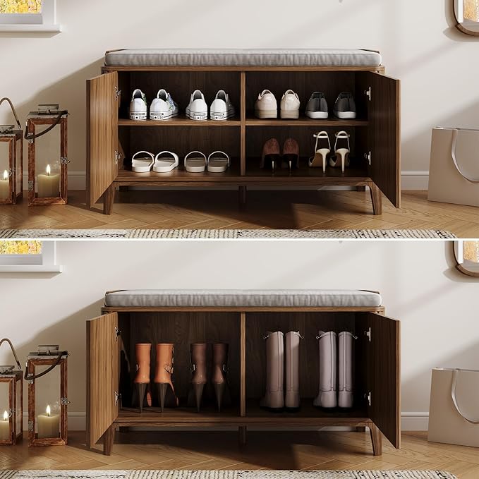 39.4" Fluted Shoe Cabinet Storage with Bench, 2-Tier Entryway Bench with Adjustable Shelves and Detachable Cushioned Seat, Shoe Organizer Bench Cabinet for Entryway, Living Room, Hallway Walnut