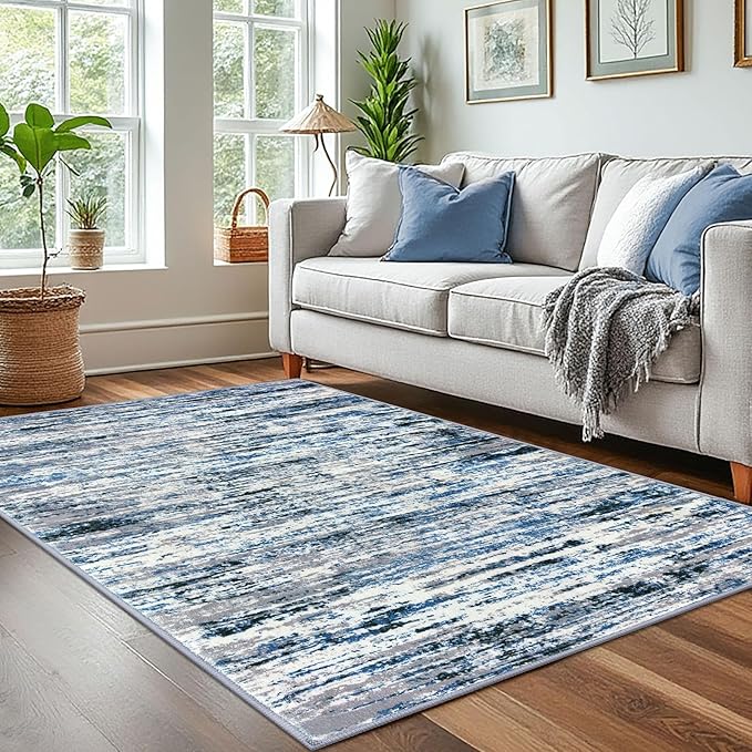 Modern Abstract 4x6 Living Room Washable Rug Non-Slip Soft Bedroom Area Rug Grey Blue White Thin Print Faux Wool Floor Carpet Throw Rugs for Nursery Playroom Dining Room Indoor Home Decor