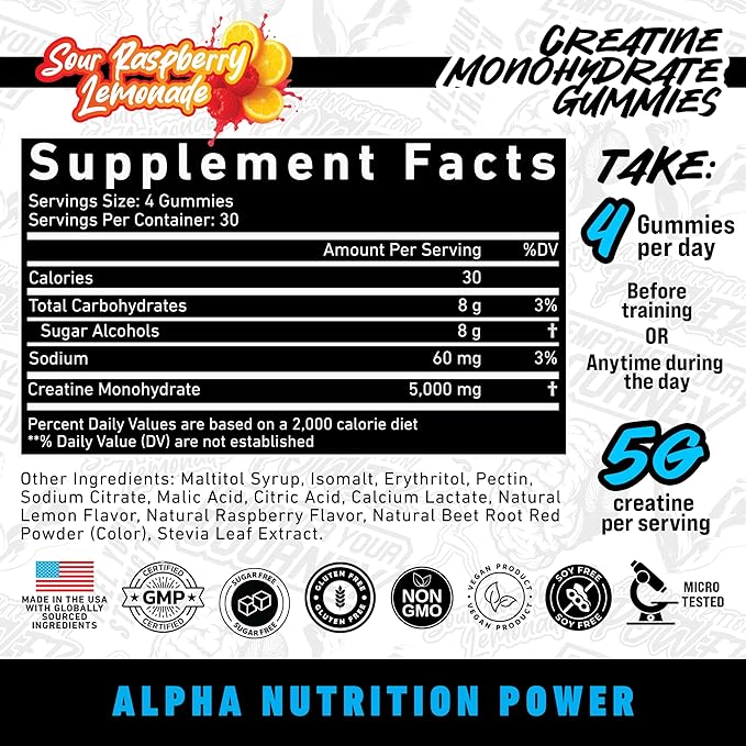 Creatine Monohydrate Gummies 5g - Raspberry Lemonade Flavored Creatine for Men and Women - Supplement for Muscle Gain, Energy, Pre and Post Workout, Recovery, (120 Gummies)