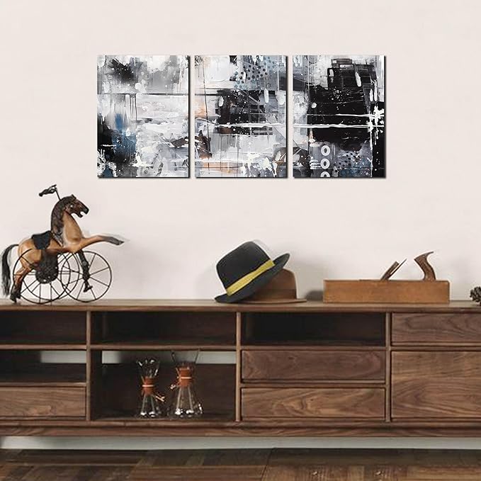 Abstract Wall Art for Living Room - Modern Black and White Wall Art for Bedroom - Home Office Wall Decor Size 12" x 16" x 3 Piece