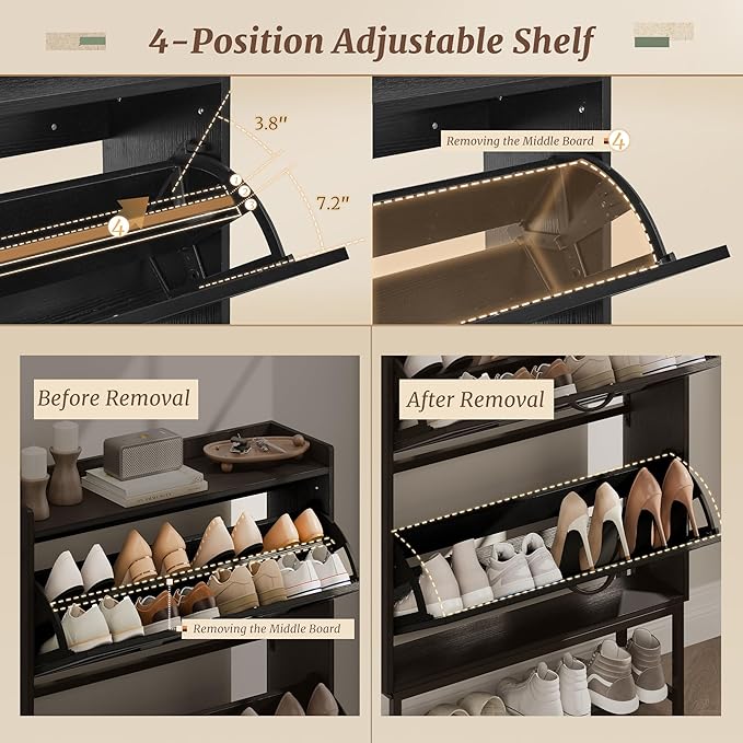 Narrow Shoe Storage Cabinet with 2 Flip Drawers & Adjustable Shelf for Entryway, Freestanding Hidden Slim Shoe Organizer Rack, Black