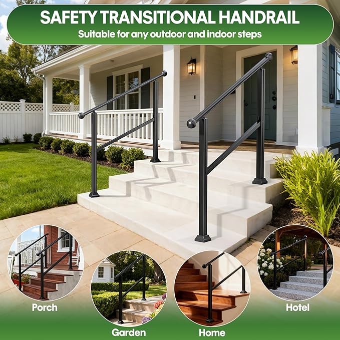 3-Step Outdoor Stair Handrail Kit, Heavy Duty Aluminum Alloy Adjustable Height with Powder Coated Black Metal Finish Complete Installation Hardware & Tools Included for Concrete Porch Deck Brick