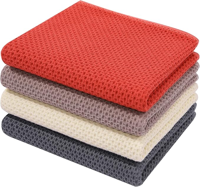 Homaxy 100% Cotton Waffle Weave Kitchen Dish Towels, Ultra Soft Absorbent Quick Drying Cleaning Towel, 13 x 28 Inches, 4-Pack, Multicolor