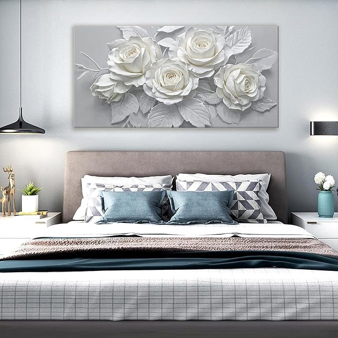 Suconvng Floral Wall Art Living Room Minimalist Painting Aesthetic Wall Decor Modern 24" X 48" Canvas Art Wall Decor White Flower Wall Art Canvas Prints Artwork Pictures For Bedroom Kitchen Artwork