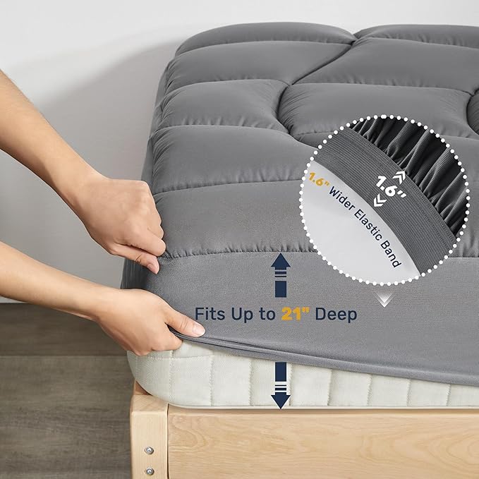 Unikome Waterproof Mattress Pad Queen Size, Ergonomic Quilted Mattress Topper – Soft Breathable Bed Cover with Deep Pocket (Fits 8-21 Inches), Noiseless Durable and Machine Washable (Grey, 60x80)