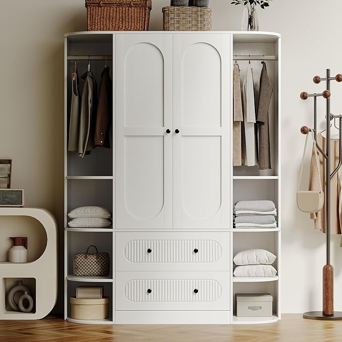 69” Fluted Large Capacity Storage Wardrobe Armoire, Wardrobe Armoire Wooden Closet with 2 Doors, 3 Hanging Rod Shelves, 2 Drawers & 6 Display Shelves, Bedroom Clothing Storage Cabinet White