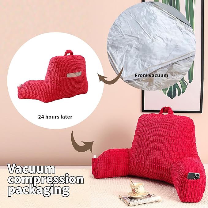 Reading Pillow for Sitting in Bed, Large Backrest Reading Pillow with Arm Rest,Back-Rest Support Cushion for Sit Up on Couch, Sofa, and Floor, Dorm Essentials (Red Corduroy, Standard(17"))