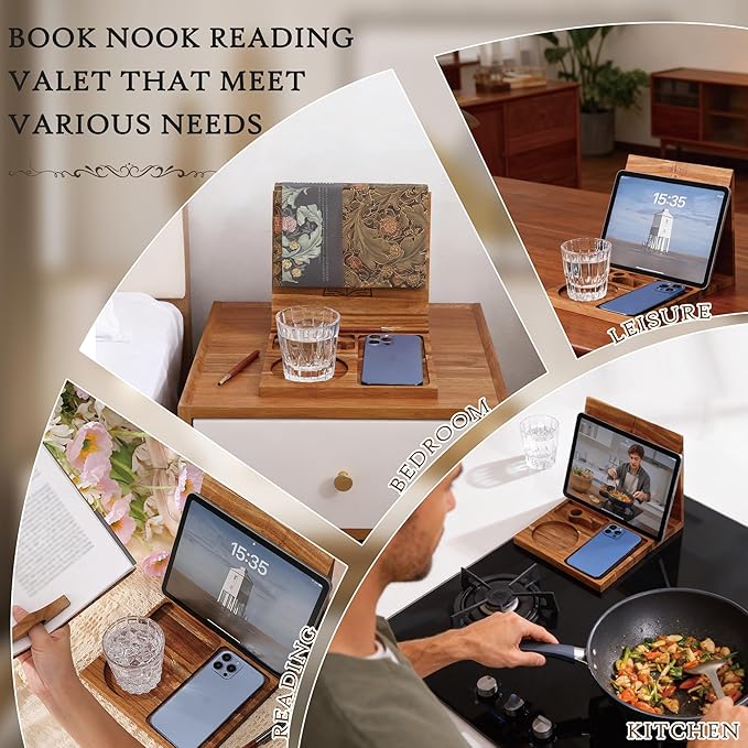 Book Holder Stand for Reading Rest, Wooden Foldable Bookshelf with Thumb Page Holder, Cup, iPad & Phone Stand, Book Nook Reading Valet Desktop Triangle Bookstand for Readers Bookworms Gifts