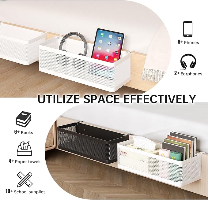 Bedside Caddy Shelf for Bunk Bed, Office Cubicle Walls, Crib Rails, Dorm Bed College Dorm Room Essentials Bed Shelf for Cell Phone Headphone Magazine Snacks (Black, L11in*W4.9in*H3.93in)