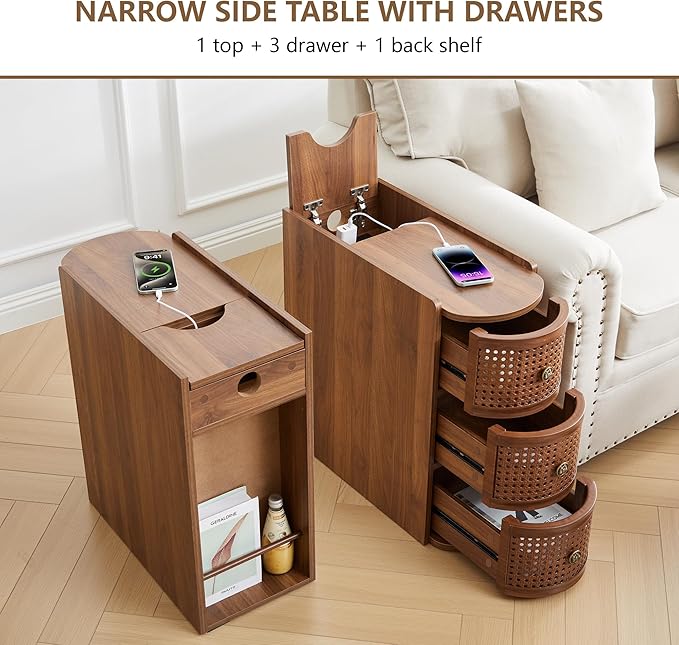 Metal Rattan Narrow End Table with Charging Station Set of 2, Farmhouse Side Table with Drawers Storage, Small Night Stand with Power Outlets and USB Ports, Sofa Side Table for Living Room - Walnut