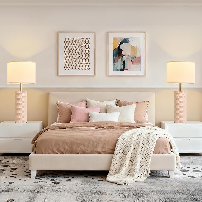 26.5" Ceramic Table Lamp, Table Lamp for Living Room, Pink Lamp for Bedroom, Night Stand Lamps, Modern Bedside Lamp Set of 2, End Table Lamps, Pink