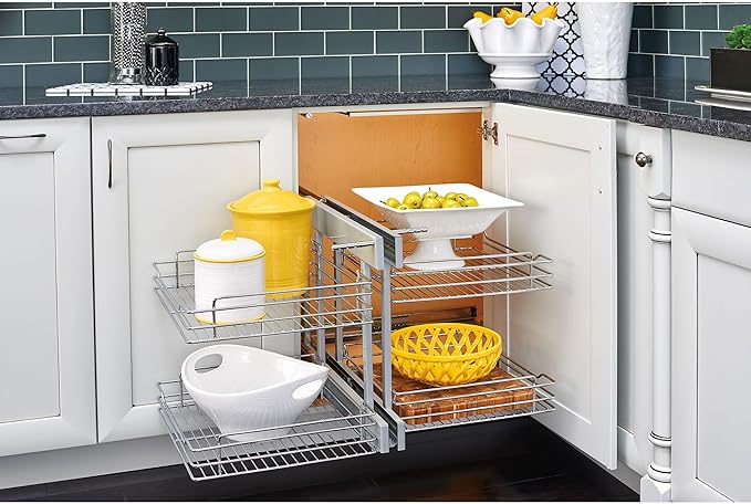 Rev-A-Shelf Dual Tier Pullout Shelf Storage Organizer for Blind Corner Kitchen or Bathroom Cabinets,15", 4 Shelves, Silver, 5PSP-15-CR