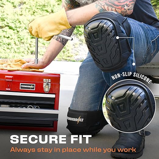 Thunderbolt Knee Pads for Men Construction Knee Pads for Work for Men and Women with Double Gel for Gardening Flooring Roofing Heavy Duty with Extra Thick Foam and Strong Adjustable Non-Slip Straps-Black
