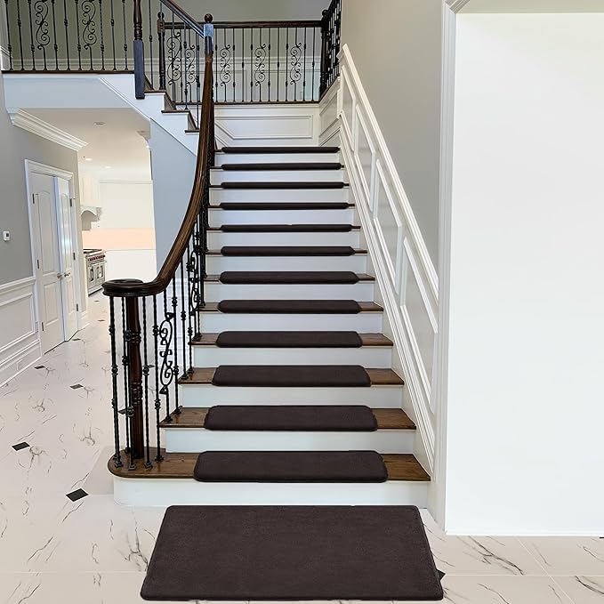 PURE ERA Carpet Stair Treads Ultra Plush 9.5" X 30"Soft Bullnose Indoor Stair Protectors Pet-Friendly Non-Slip Skid Resistant Tape Free Washable Reusable(2 Pieces,Dark Brown)