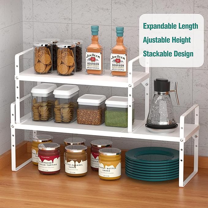 Expandable Cabinet Shelf Organizer Rack, Stackable Kitchen Counter Storage Shelves Stand, Adjustable Height Pantry Shelf Spice Rack, Heavy Duty Nonslip White Small 1Pack