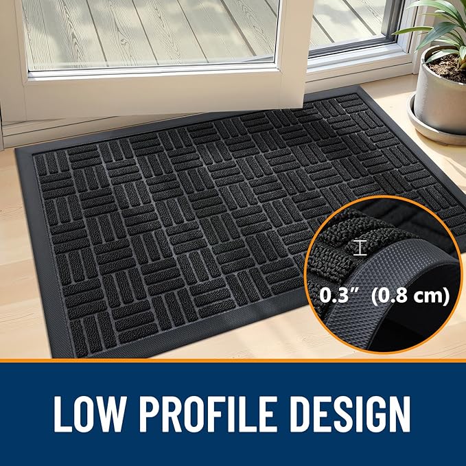 OLANLY Front Door Mat Outside Entrance 33x21, Absorbent, Heavy Duty Sturdy Natural Rubber Doormat Indoor Outdoor, Stain and Fade Resistant, Non-Slip Backing Low Profile Floor Mat for Entryway, Black