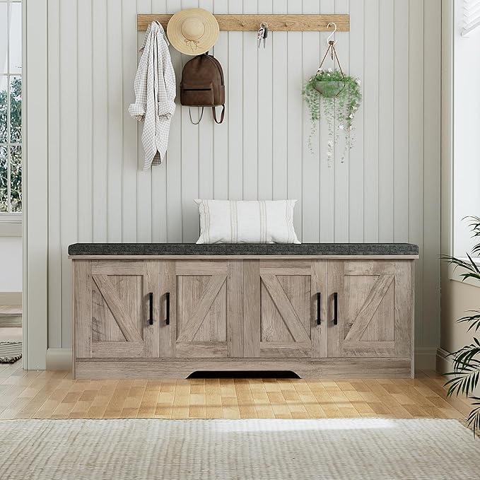 2-Tier Storage Bench, 47.2" Wide Shoe Bench with Padded Seat Cushion, Entryway Bench with 4 Barn Doors and Adjustable Shelf, Greige