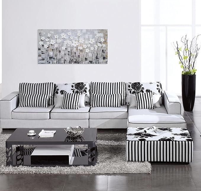 YHSKY ARTS Flower Picture Wall Decor with Heavy Textured Modern Grey and White 3D Paintings Contemporary Aesthetic Artwork for Living Room Bedroom Bathroom Decor