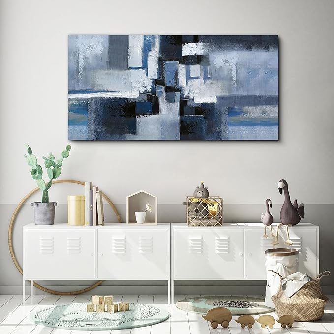 KLAKLA Abstracr Wall Art - Blue and Black Canvas Picture for Living Room Wall Decor - Bedroom Art Framed Artwork - 20x40 Inches Modern Wall Art