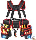 Tool Belt With Suspenders, Heavy Duty Magnetic Tool Belts for Men with 18 Pockets, Tool Belt with Adjustable 32 to 66 Inches Detachable Waist for Electricians, Carpenters, Framers, Black-Red