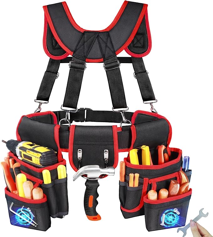 Tool Belt With Suspenders, Heavy Duty Magnetic Tool Belts for Men with 18 Pockets, Tool Belt with Adjustable 32 to 66 Inches Detachable Waist for Electricians, Carpenters, Framers, Black-Red