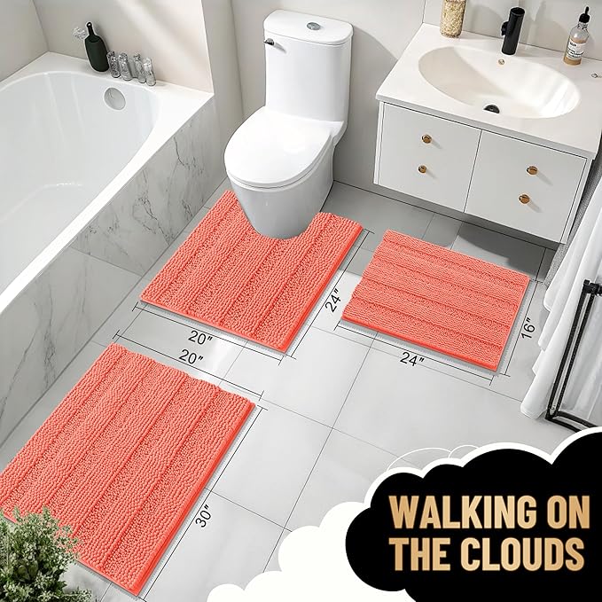OLANLY Thick Bathroom Rugs 24x16, Extra Soft Absorbent Chenille Striped Bath Rugs, Rubber Backing, Machine Wash Dry, Bath Mats for Bathroom Floor, Tub and Shower, Home Decor Accessories, Coral