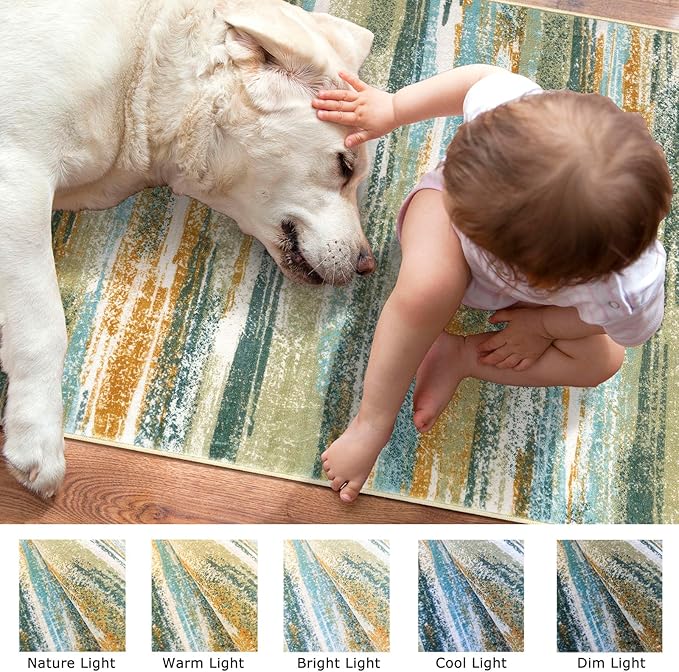 Modern Abstract 5x7 Machine Washable Area Rug Non-Slip Soft Bedroom Living Romm Rug Green Mustard Multi Ultra Thin Print Faux Wool Floor Carpet Throw Rug for Nursery Playroom Dining Room Office
