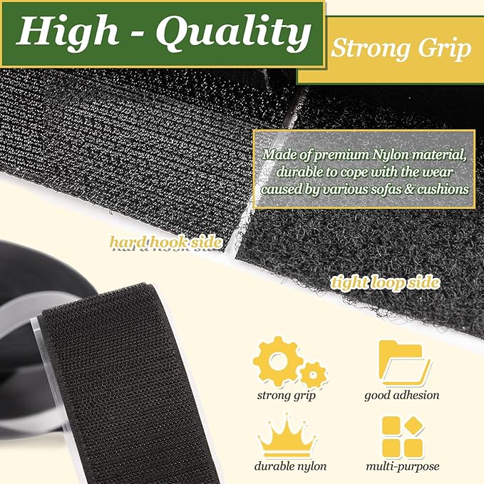TEUVO 4.3 Inch x 26.3 Feet Adhesive Non Slip Couch Cushion Grip Hook and Loop Tape, Keep Couch Cushions from Sliding Adhesive Strips Double Sided Hook Loop for Sofa Cover Mattress Rug Anti Slip Black